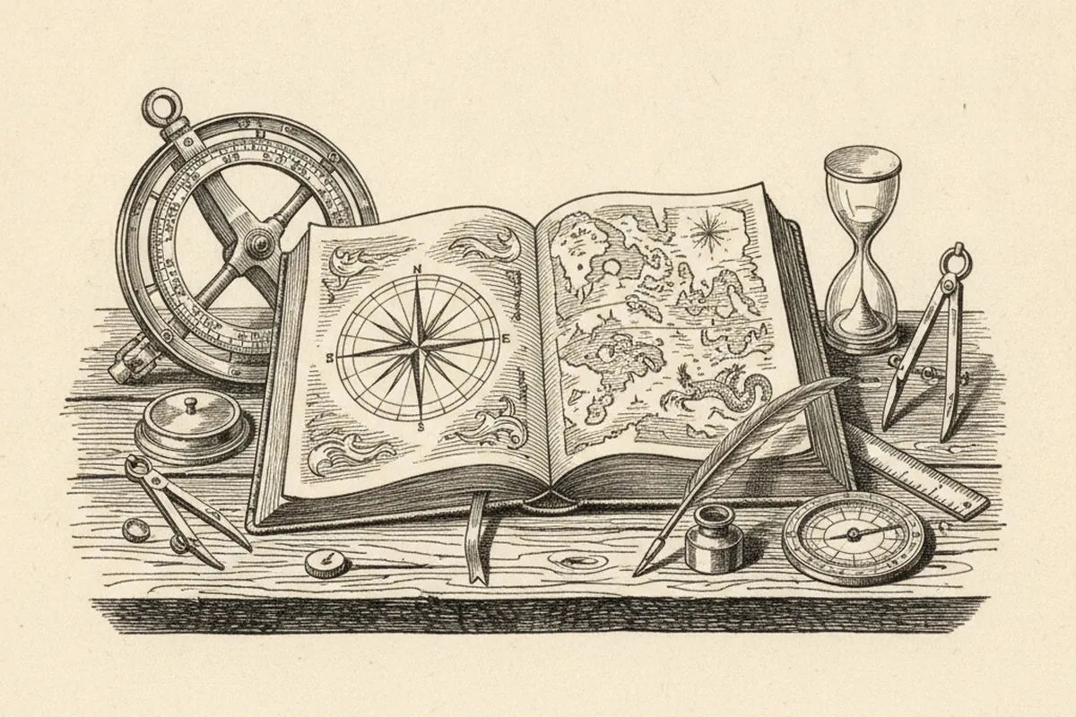 Gravura de um caderno de bordo aberto sobre uma bancada com instrumentos