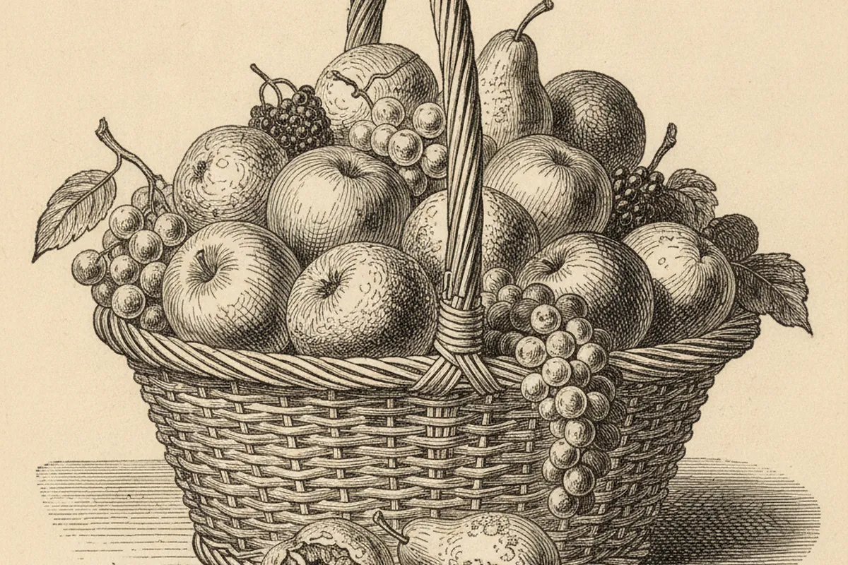Gravura de um cesto cheio de frutas com várias já apodrecidas no fundo