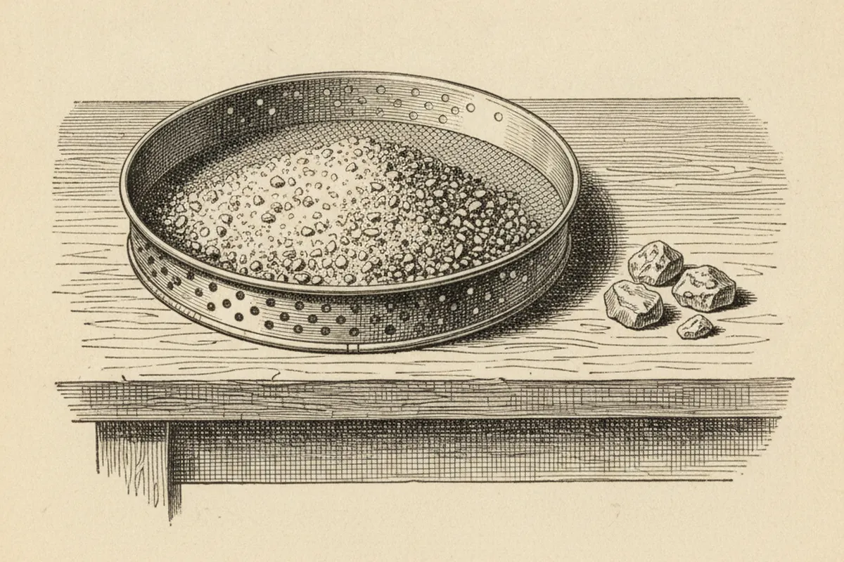 Gravura de uma peneira de mineração com pedras separadas ao lado